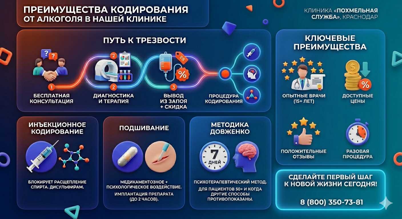 Инфографика о методах кодирования от алкоголя в Белореченске: инъекции, подшивание, метод Довженко. Преимущества клиники и этапы лечения.