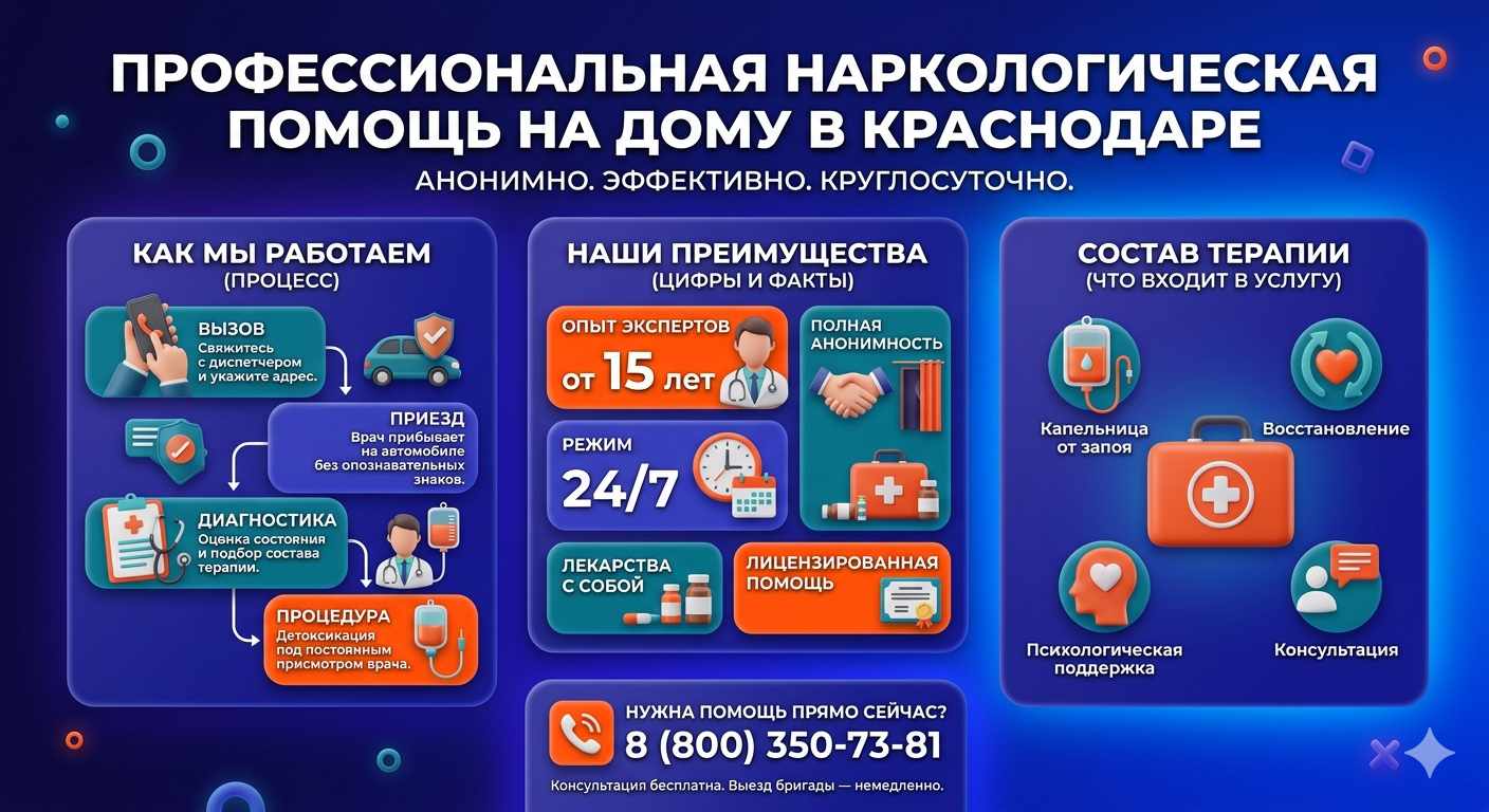 Инфографика о принципах лечения алкоголизма на дому в Белореченске: этапы вызова нарколога, преимущества анонимной детоксикации и состав медицинской помощи.
